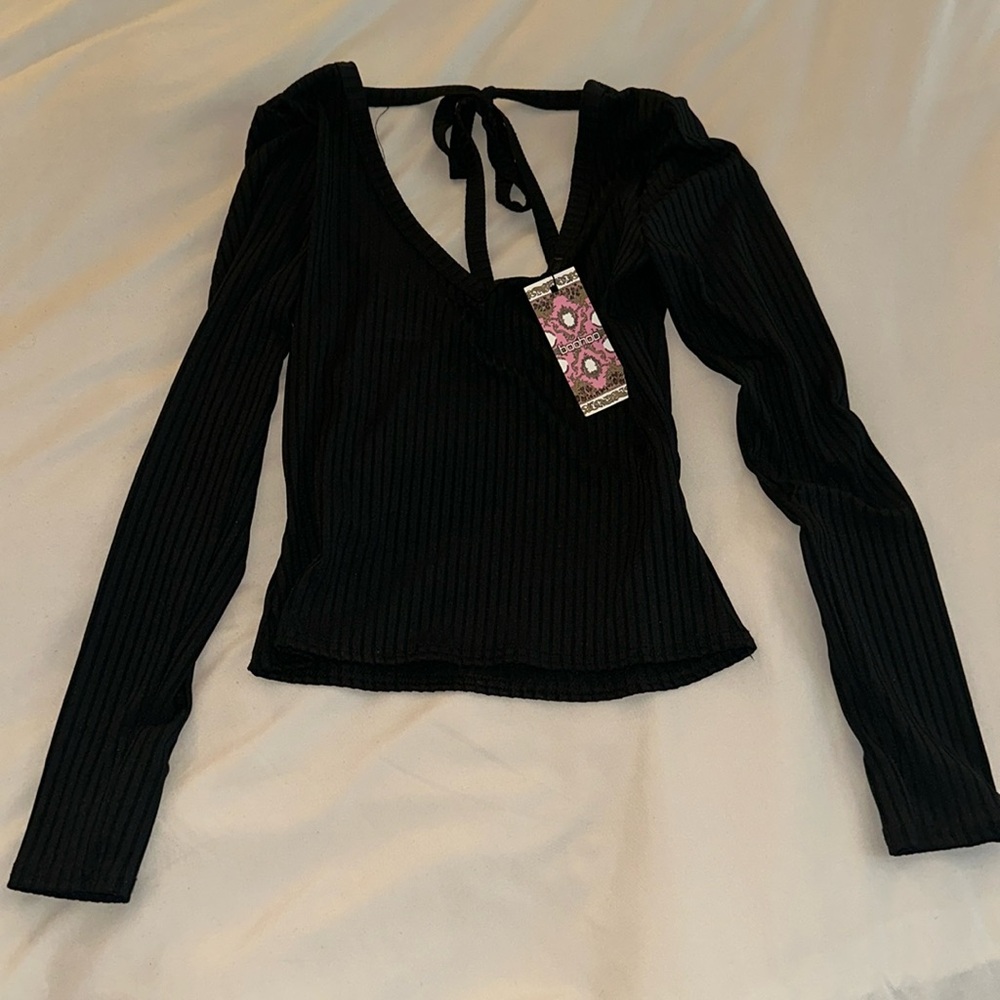 NWT black long sleeve tie back top